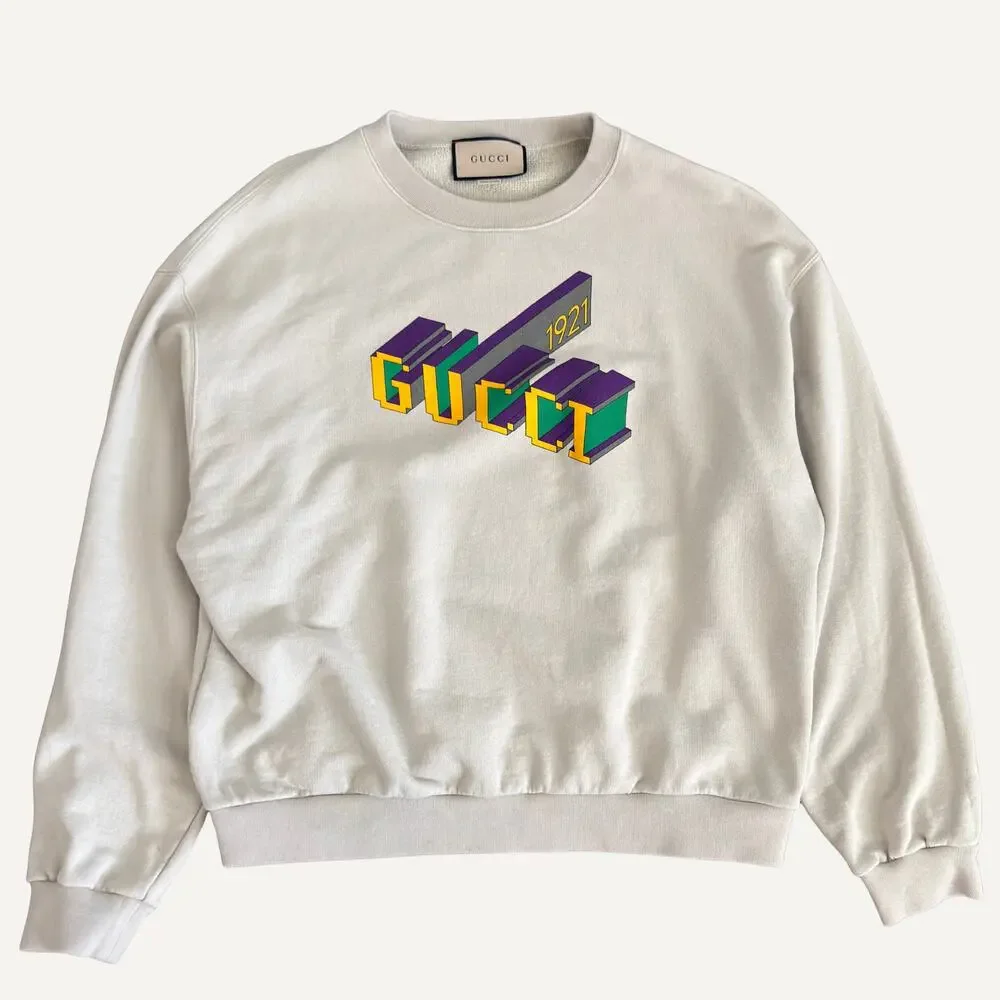 Gucci 1921 Logo Graphic Terry Cloth Crewneck Sweatshirt Beige Size XL